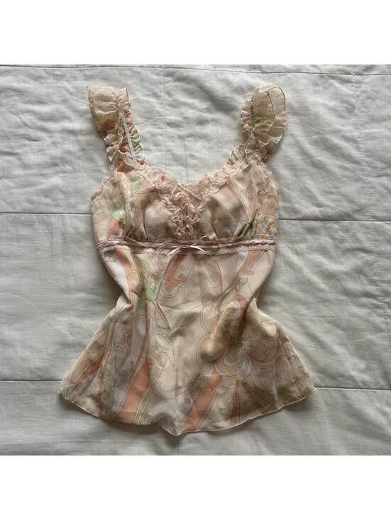 Cream Ruffle Ribbon Tops | Cecil Mcgee Floral Lace Trim Camisole Top Pink Ribbon Ruffle ...